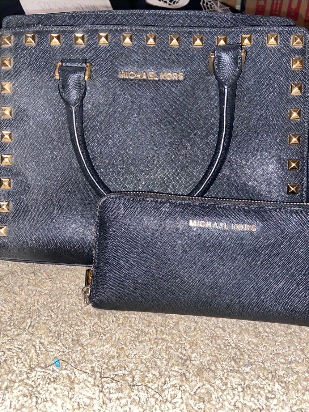 Michael Kors Black Saffiano Satchel with Gold Stud Accents and Matching Wallet